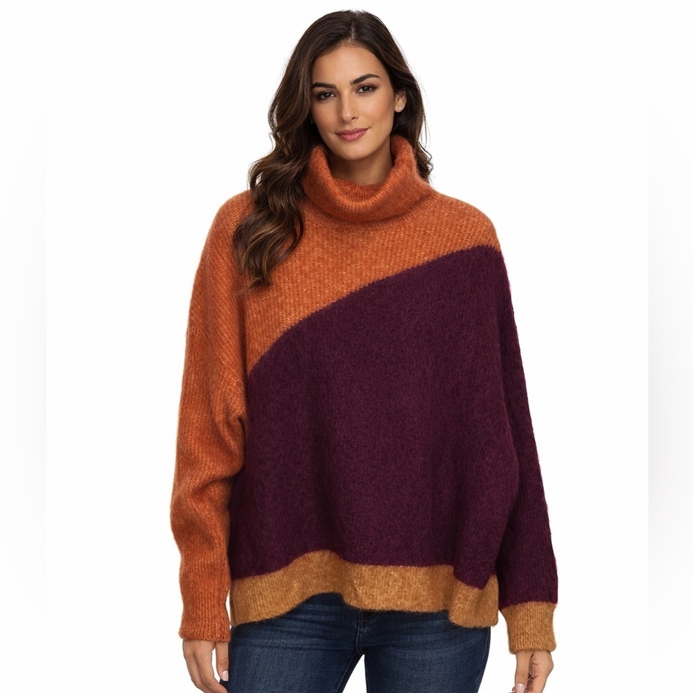 Zara Oversized Colorblock Turtleneck Sweater Cozy Fall Orange Purple S
